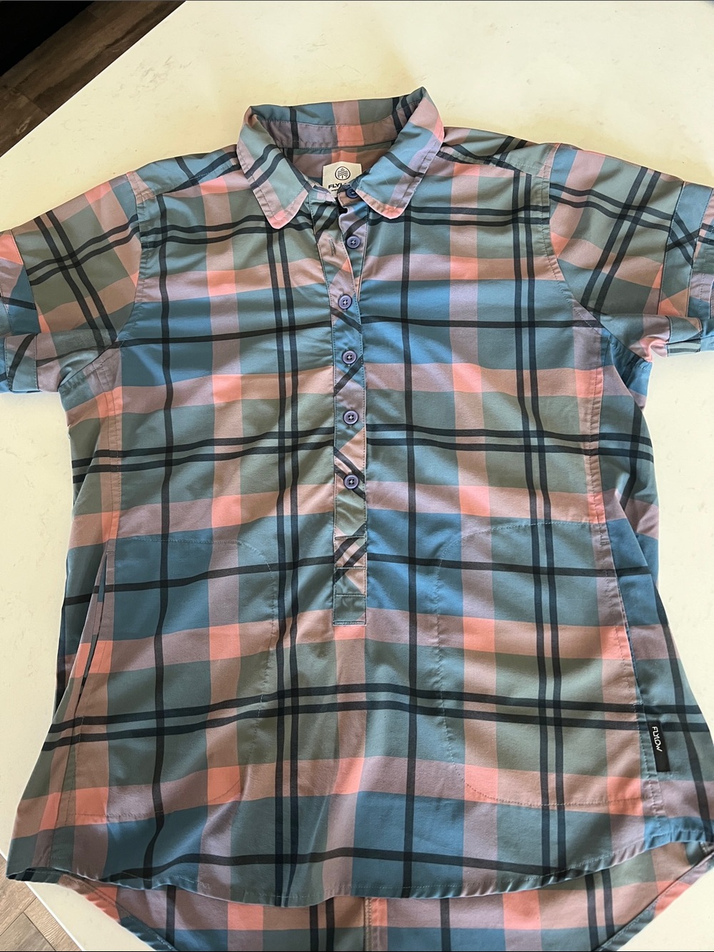 Flylow Short-Sleeve Plaid Button-Down Shirt in Blue & Pink